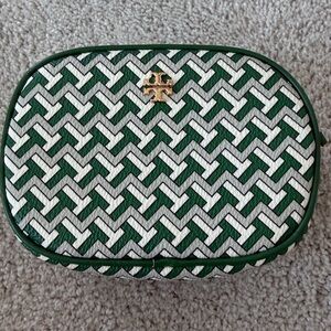 TORY BURCH Cosmetic/ Makeup Bag Pouch Clutch Leather Green & White Pattern